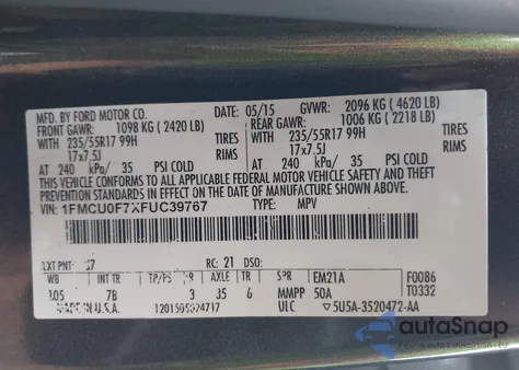 2015 Ford Escape S z USA, uszkodzony, nr VIN 1FMCU0F7XFUC39767